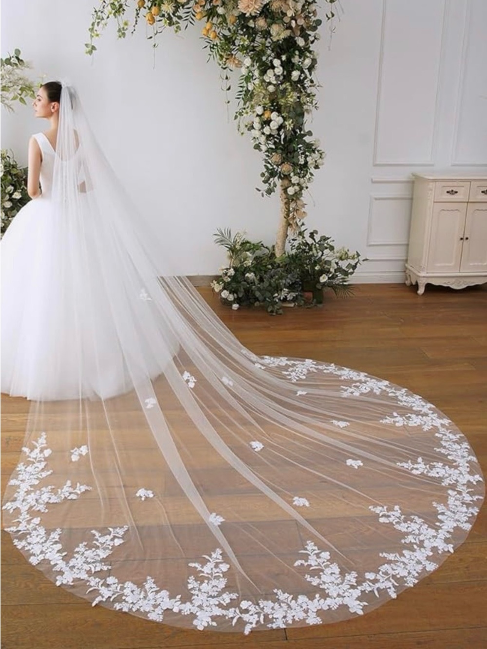 Elegant Cathedral Length Bridal Veil with Floral Appliqué